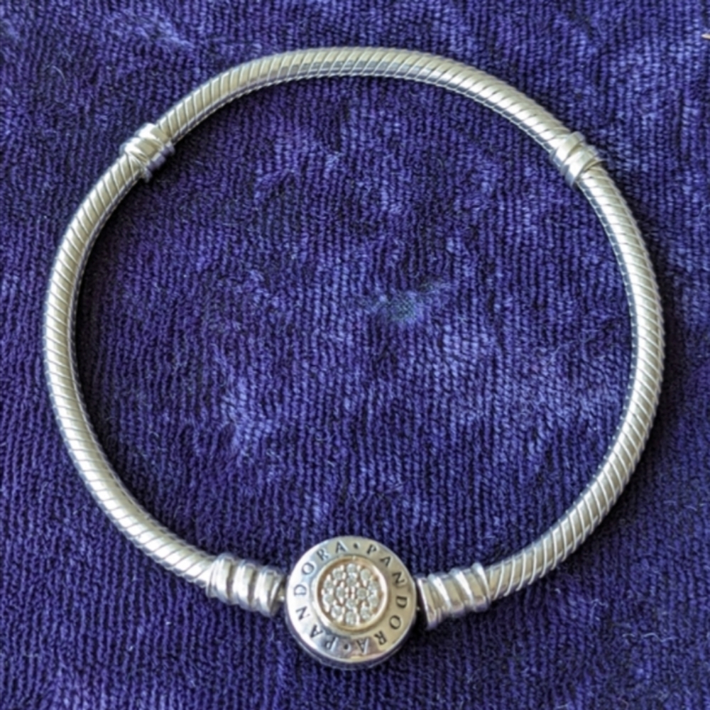 Pandora 14K Gold And 925 Sterling Silver Snake Bracelet, Paved Clasp, 6.5"